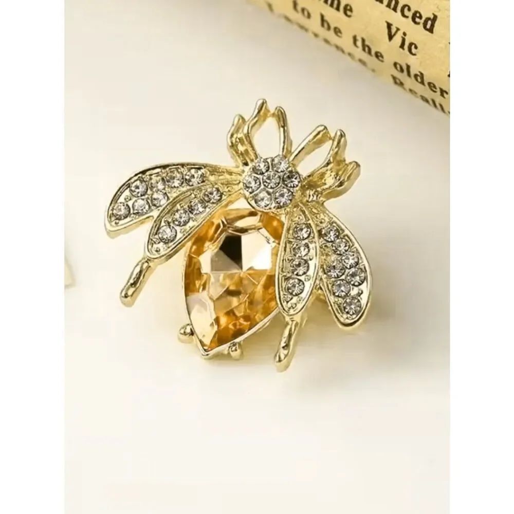 Bee Brooch Vintage Inspired Golden Tone Metal Light Amber Body Rhinestone Wings